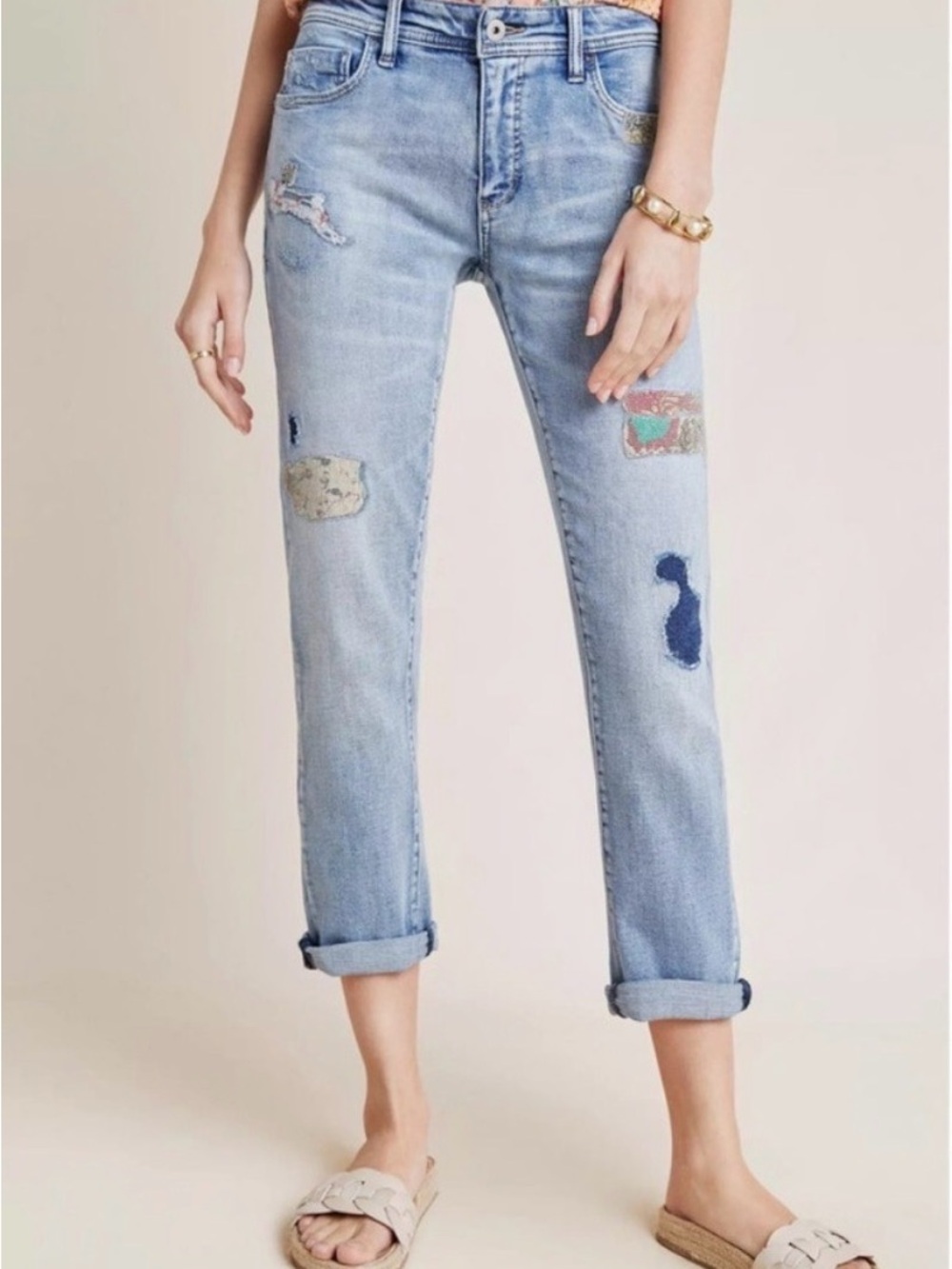 Pilcro and the Letterpress Slim Boyfriend Patchwork Jeans Boho Artsy Size 27